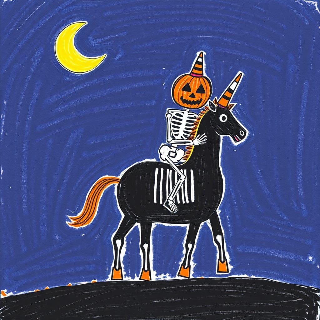 Halloween Jack O'Lantern Skeleton Unicorn Crayon Drawing