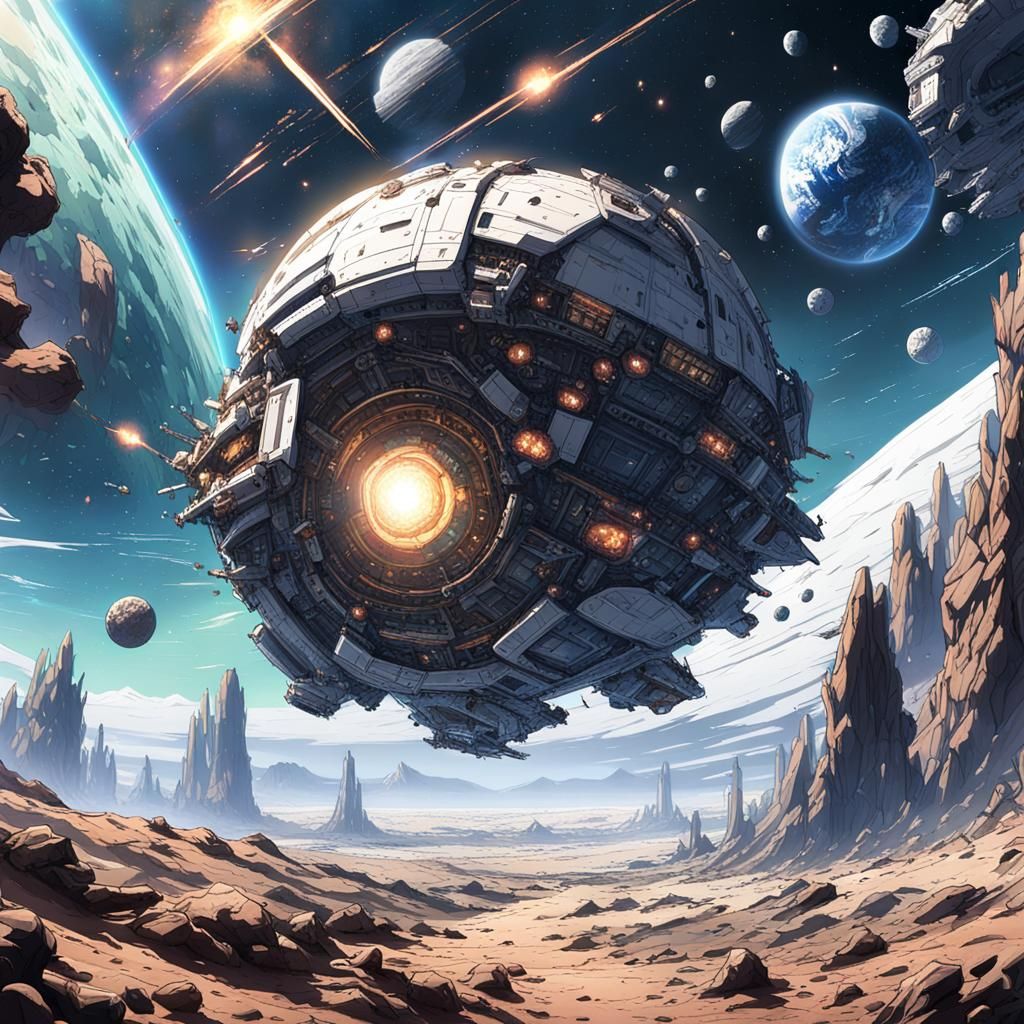 Anime-Style Space Colony on Asteroid in Open Space