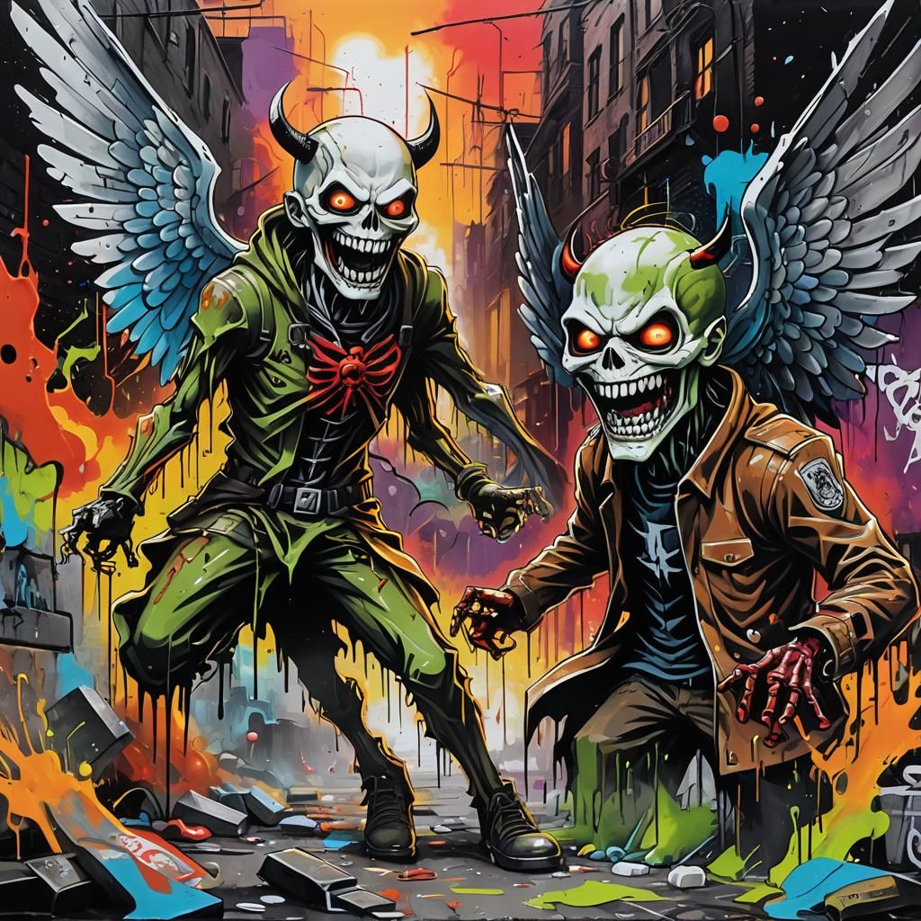 Gritty Graffiti Art of Laughing Angel and Devil