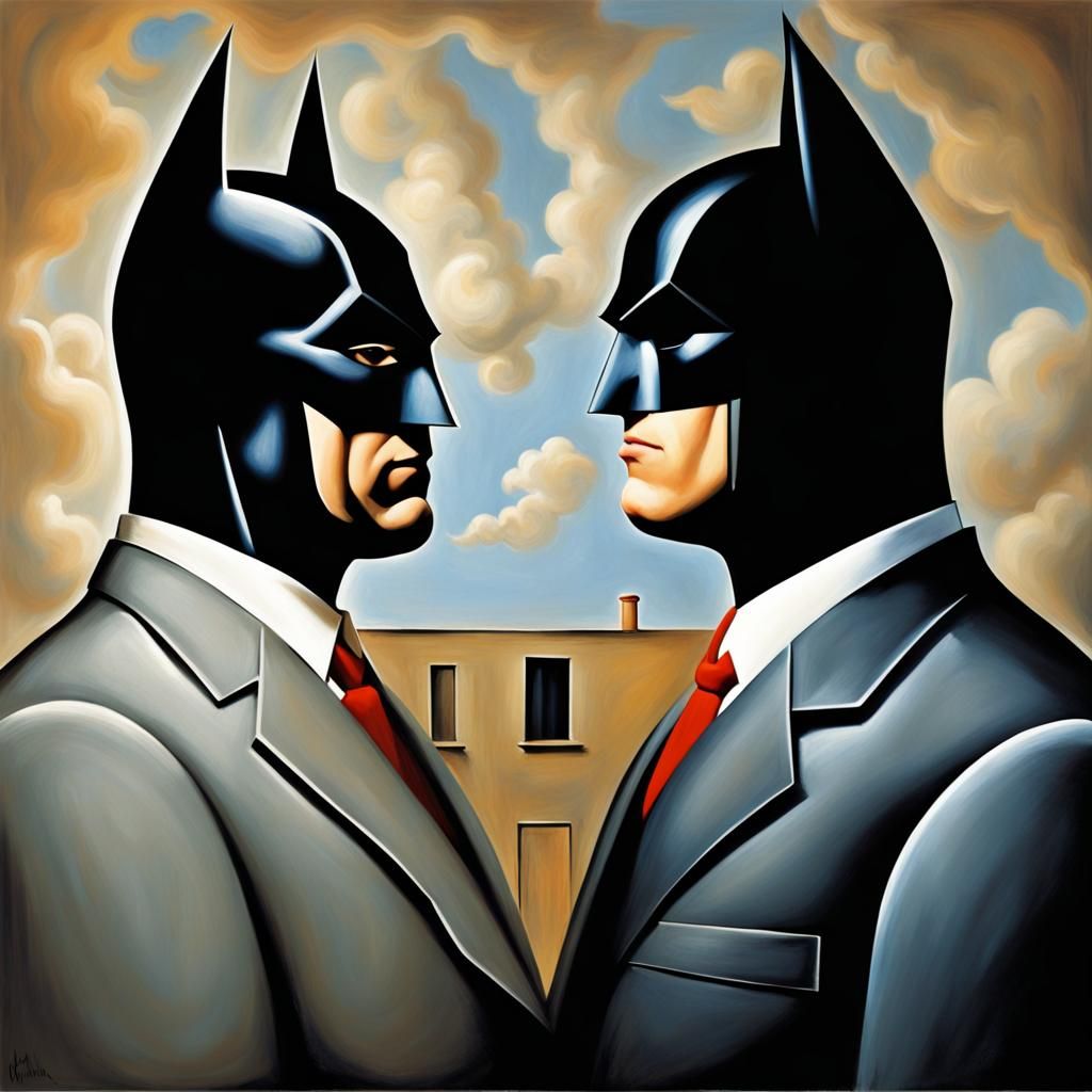 Batman and Superman Kiss as Surreal Art