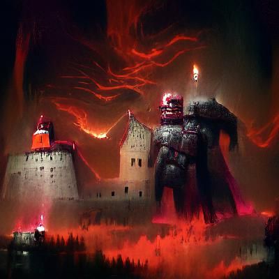 Ruins of a medieval castle and a massive crimson knight