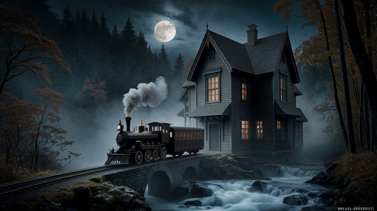 Gothic Train Emerge from Old House under Mysterious Moonligh...