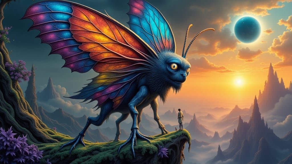 Surreal Man in Moth Costume Amidst Lightning and Fractal Lan...