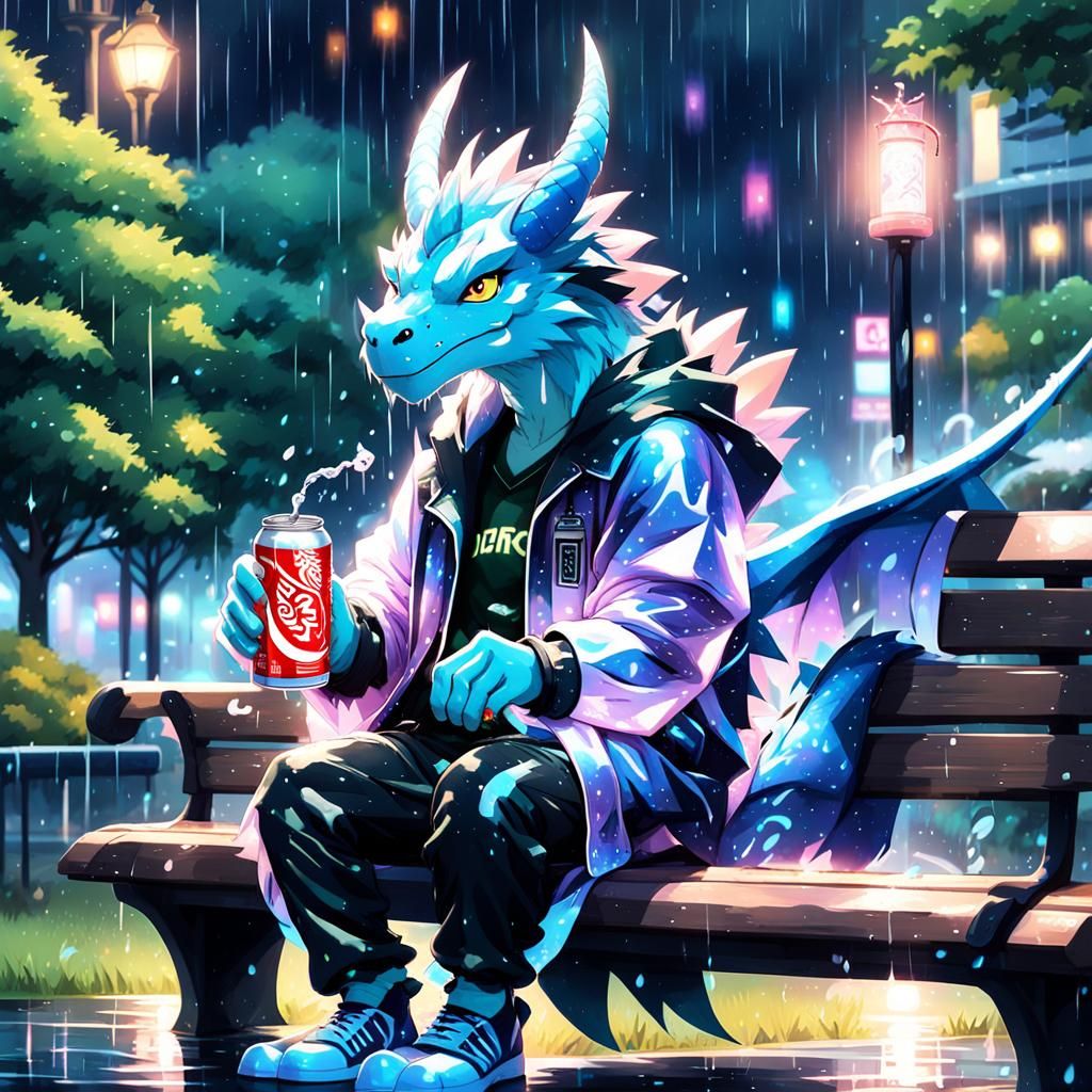 Anime Dragon in Rain, Watercolor Style