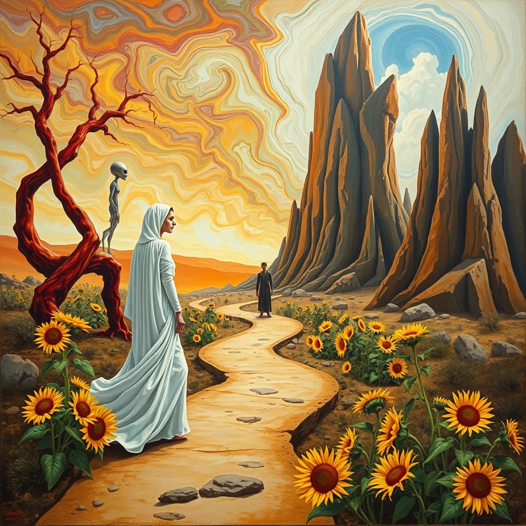 Desert Priestess on Surreal Sunflower Path