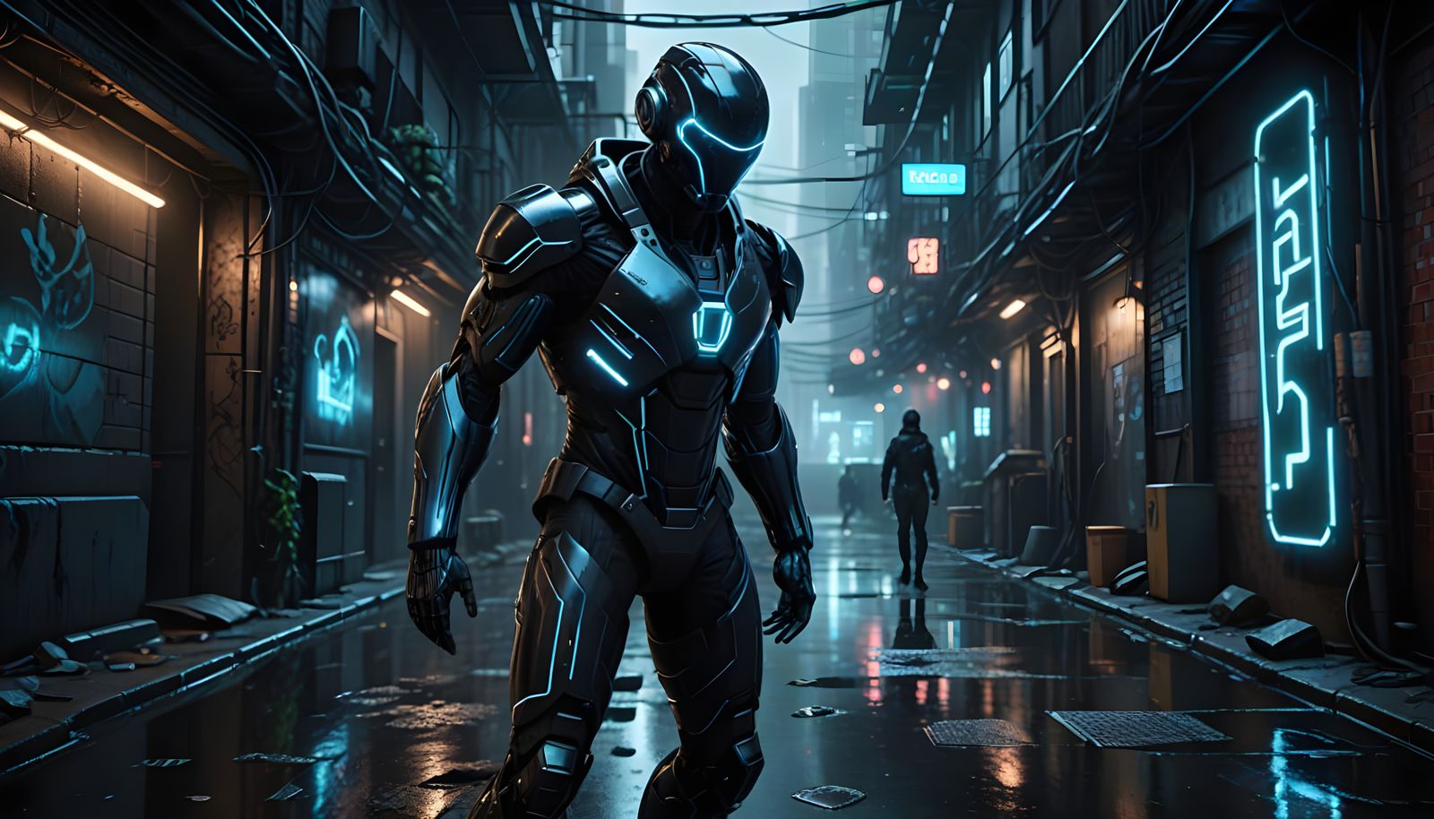 Cyberpunk Assassin Lands in Neon Alleyway