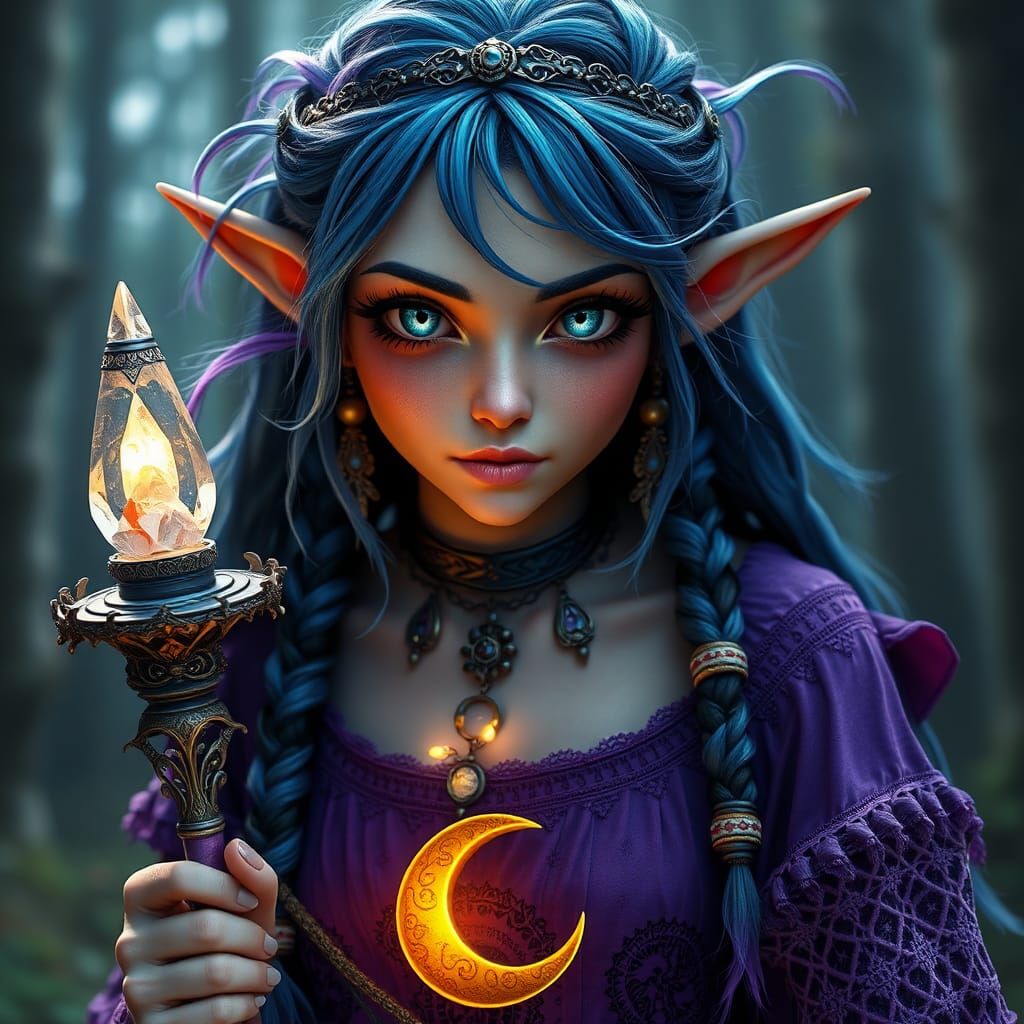 Whimsical Elven Priestess with Crystal Staff, Digital Art