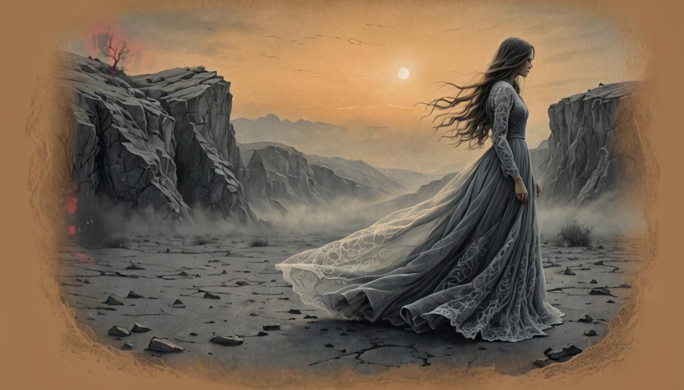 Woman in Gray Landscape, Surreal Charcoal Sketch