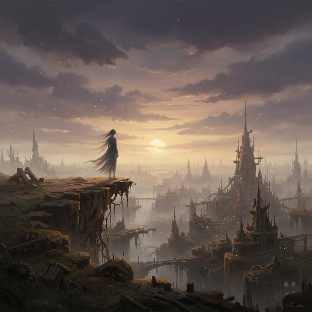 Ethereal Figure Over Crumbling Cityscape at Twilight