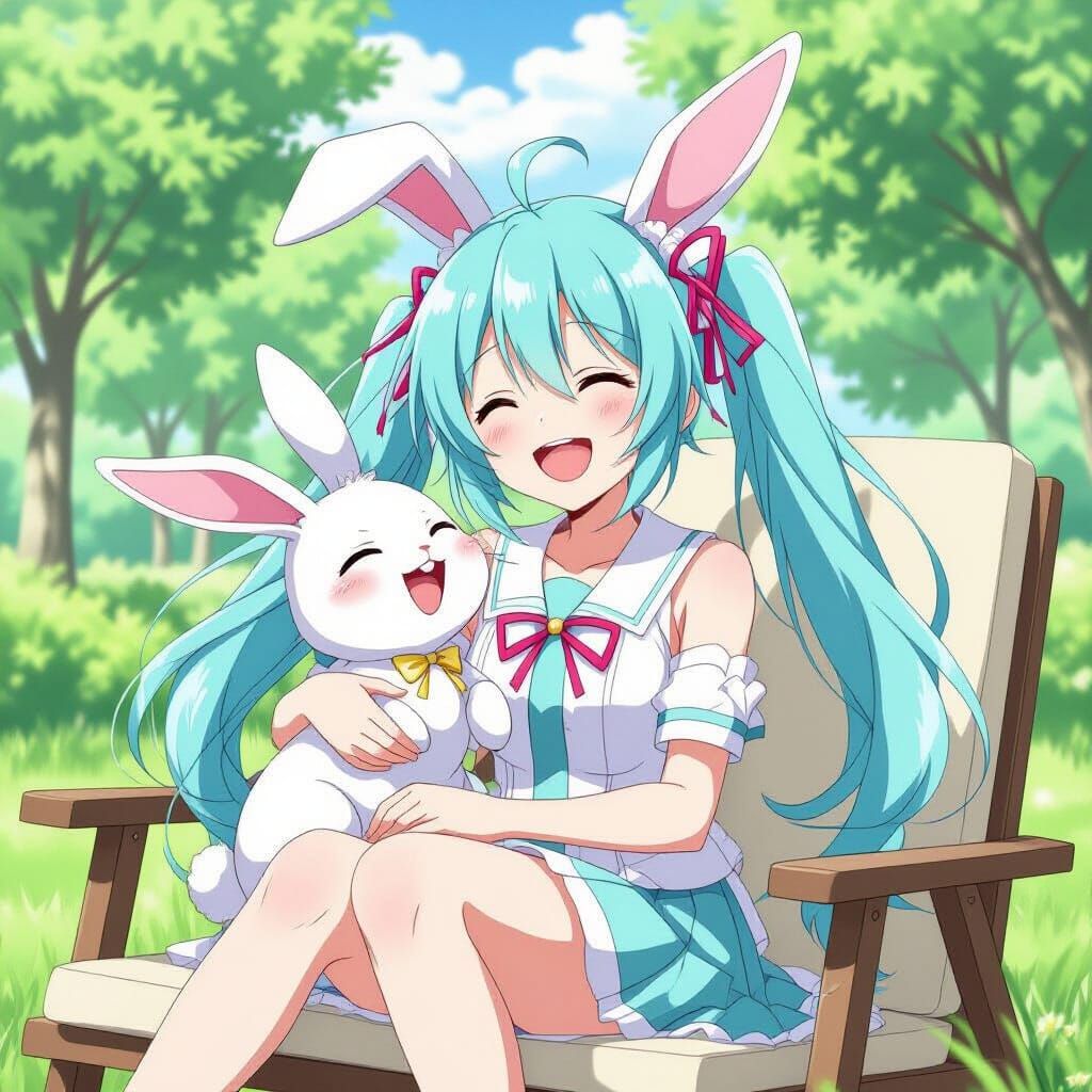Rabbit Smiling on Hatsune Miku's Lap