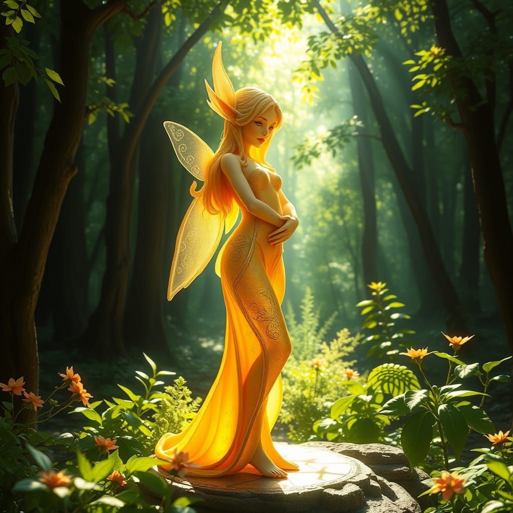 Elf Maiden Sculpted from Bee Wax in Sunlit Forest