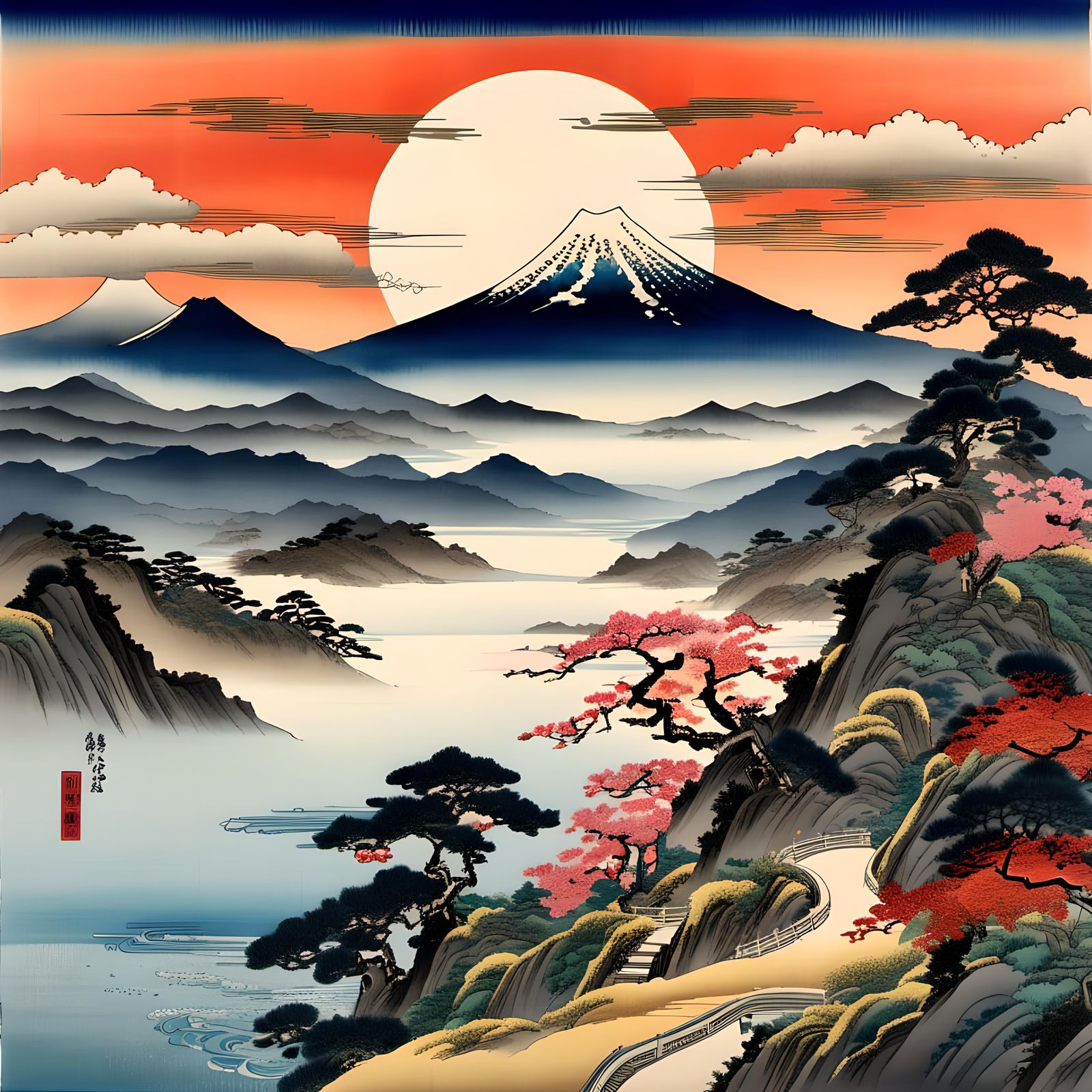 Ukiyo-e Watercolor Sunrise Over Japanese Countryside