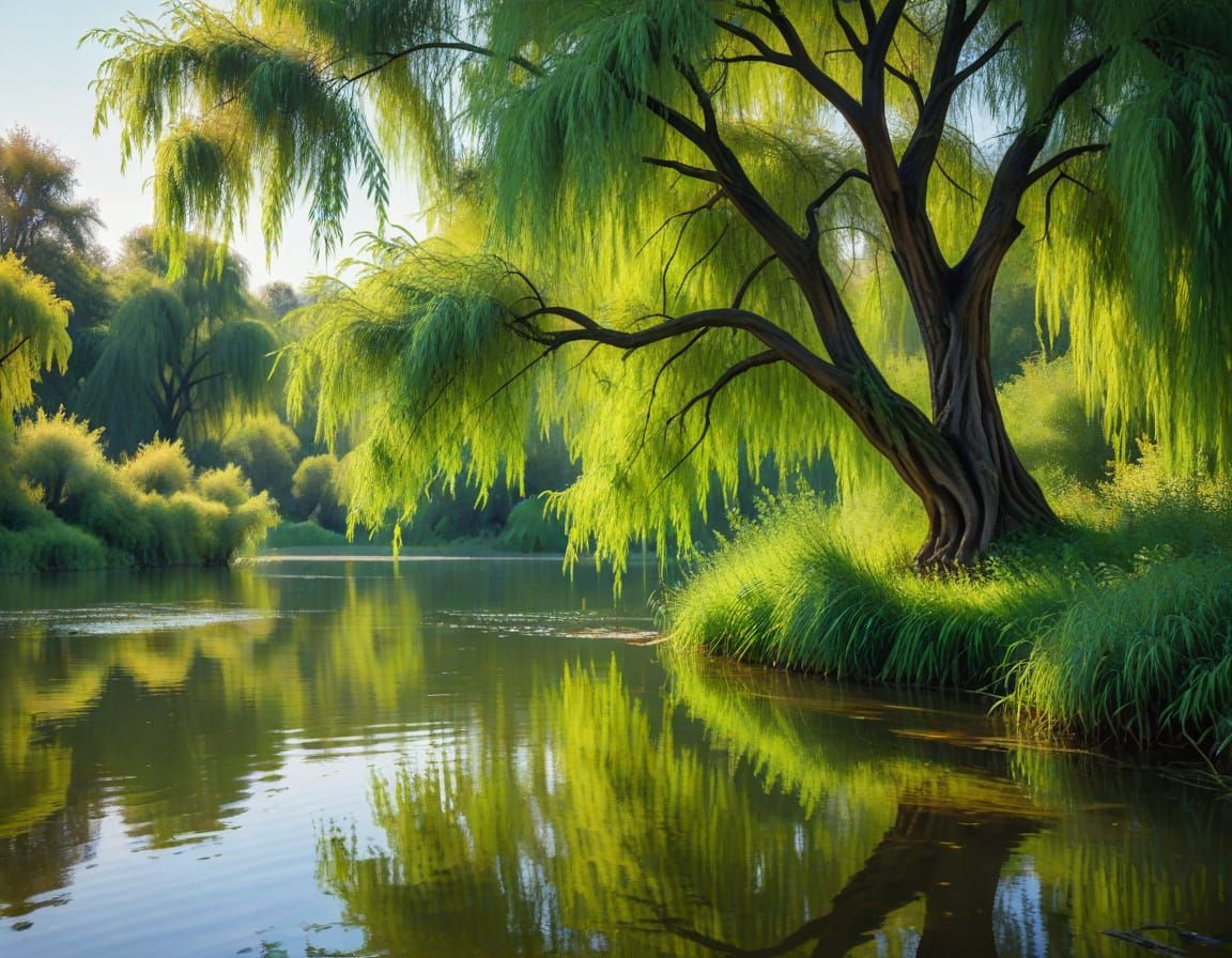 Idyllic Willow Tree Landscape in Impressionist Style