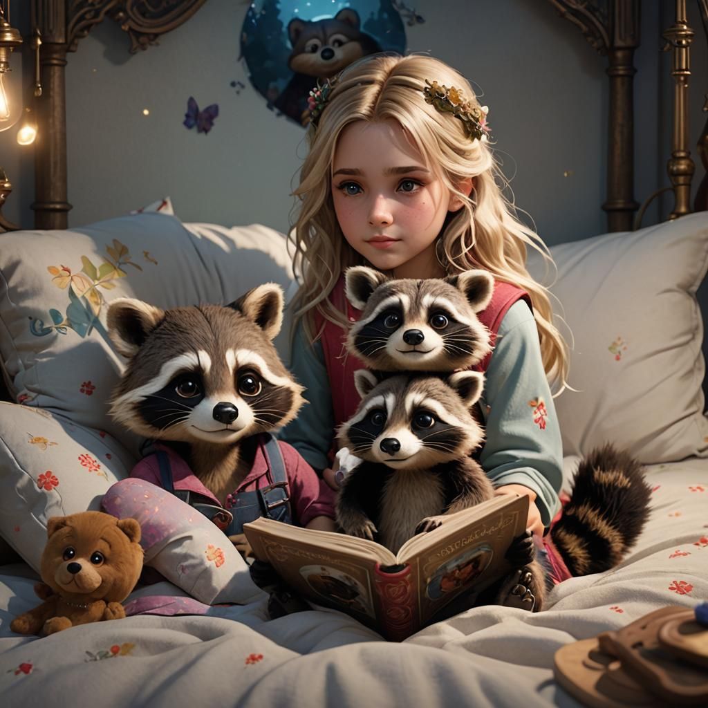 Raccoon Reads to Girl: Detailed Digital Portrait