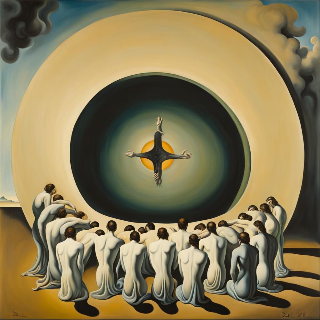 Surreal Circle of Worshipping Figures, Salvador Dali Style