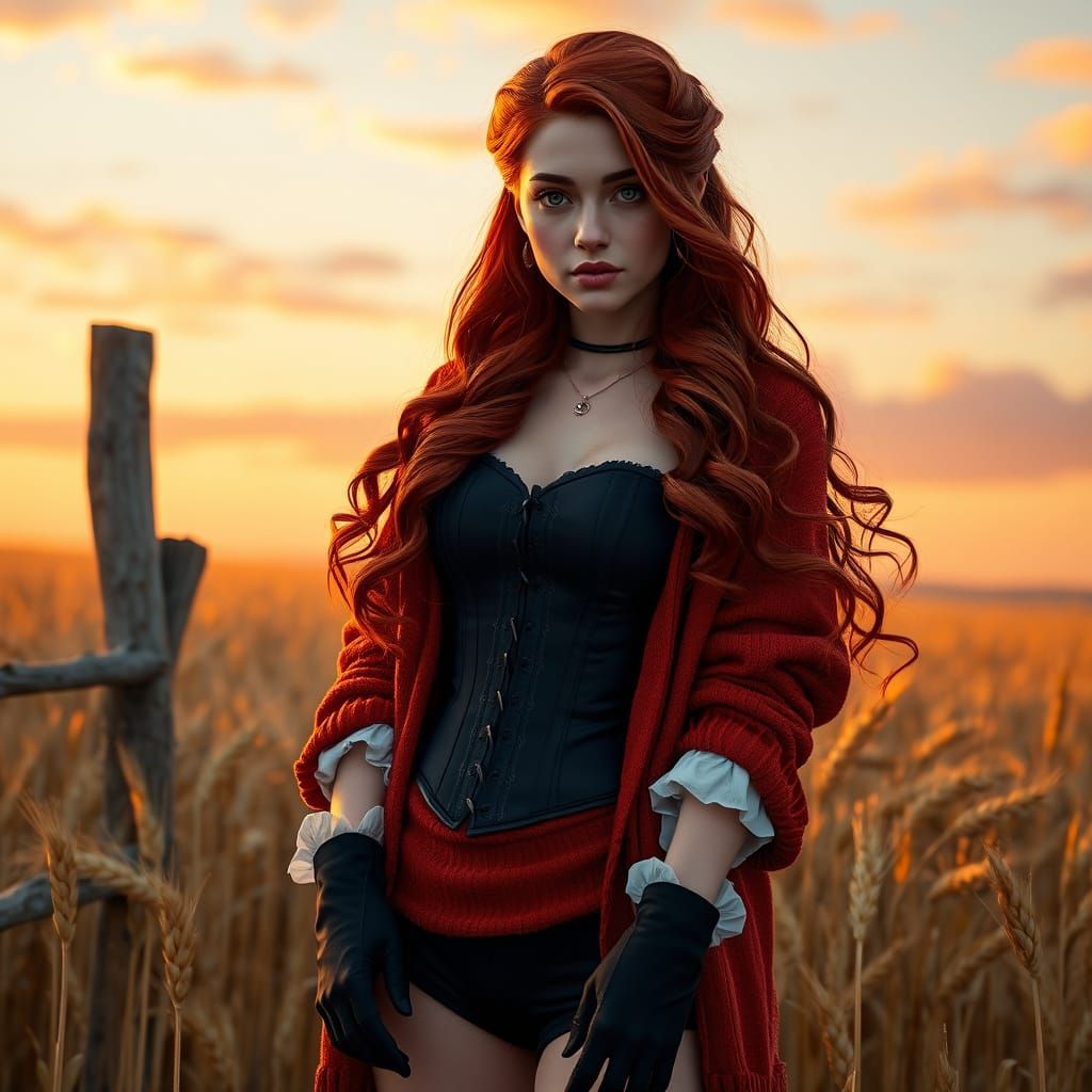 a young stunning woman in a Victorian-inspired outfit standing in a golden orange pink wheat field at sunset. She has lo...