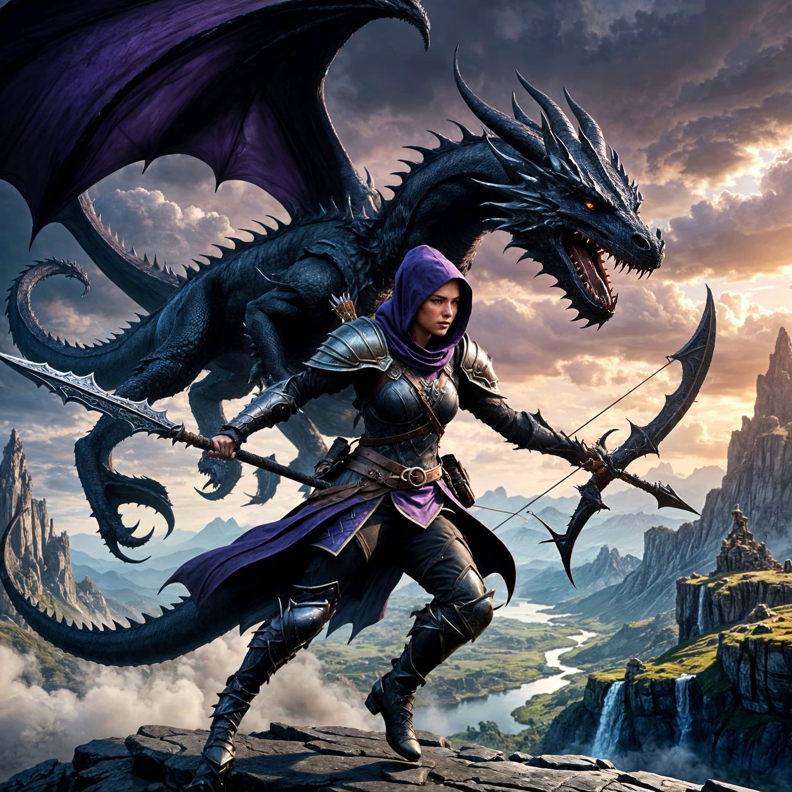 Epic Dragon Hunter Leaps Toward Dragon in Fantasy Art