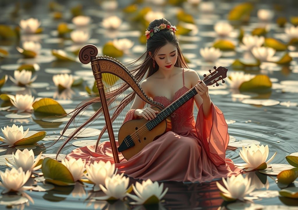 Chinese Harpist in Water Lilies: Digital Embossed Art