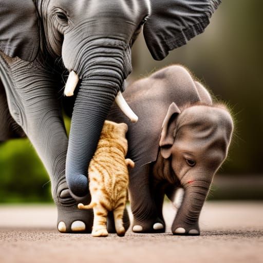 Giant Cat Play Fighting Tiny Elephant