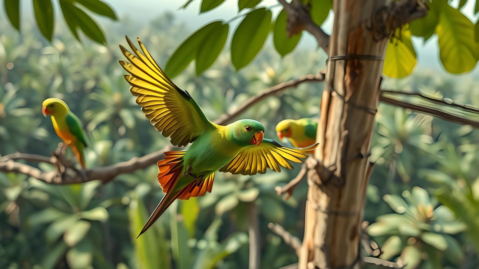 Parakeet Flight in Hyperrealistic Suriname Landscape