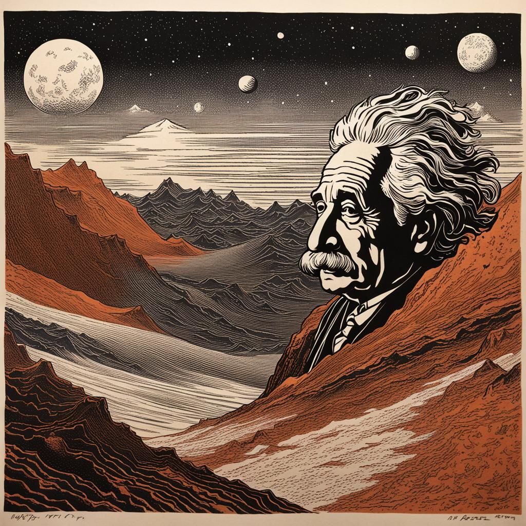 Einstein on Mars in Hokusai Block Print Style