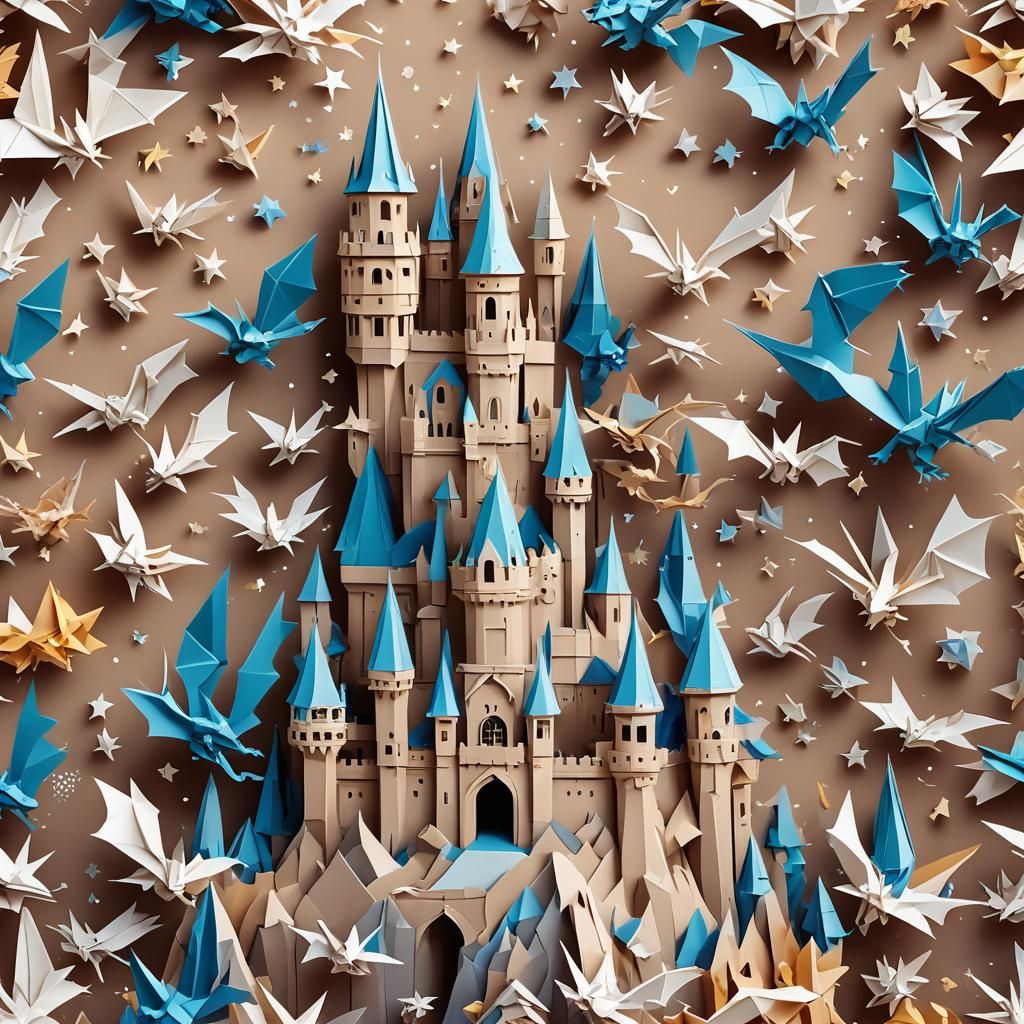 Flying Castle Surrounded by Dragons in Origami Style
