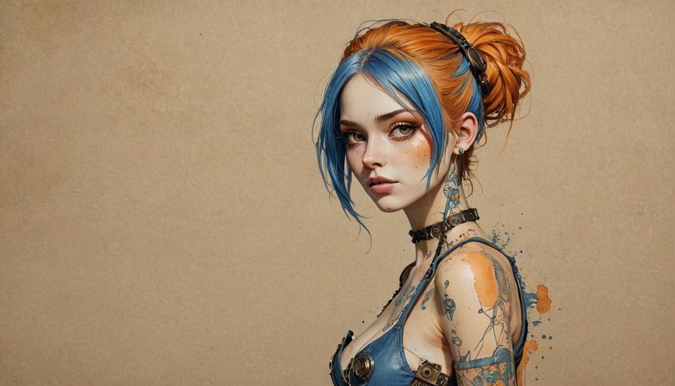 Golden Blue Girl in Steampunk Watercolor Style