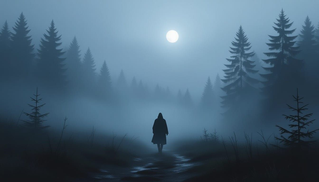 Solitary Traveler in Foggy Forest Concept Art