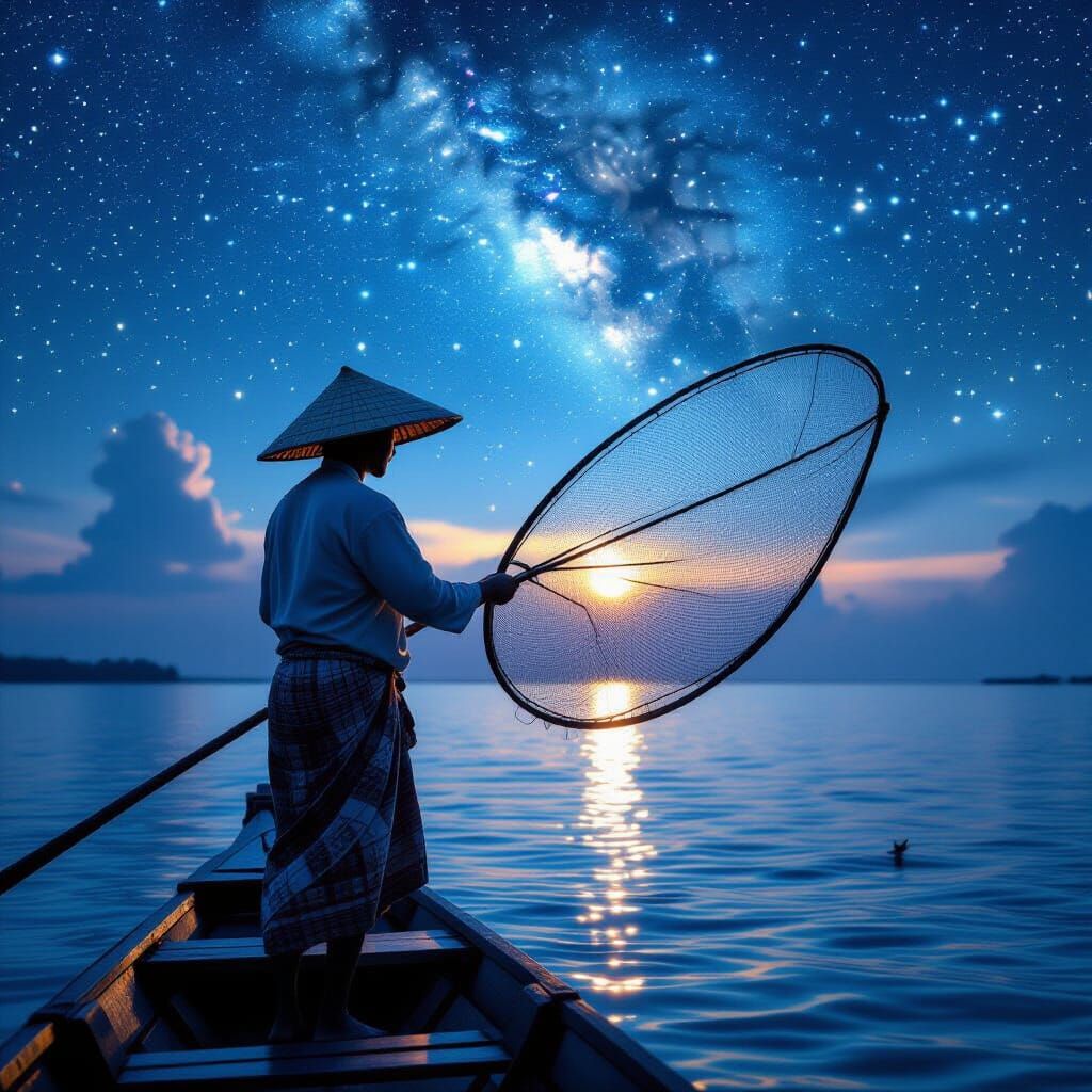 Malay Fisherman Casting Net Under Starry Celestial Dreamscap...