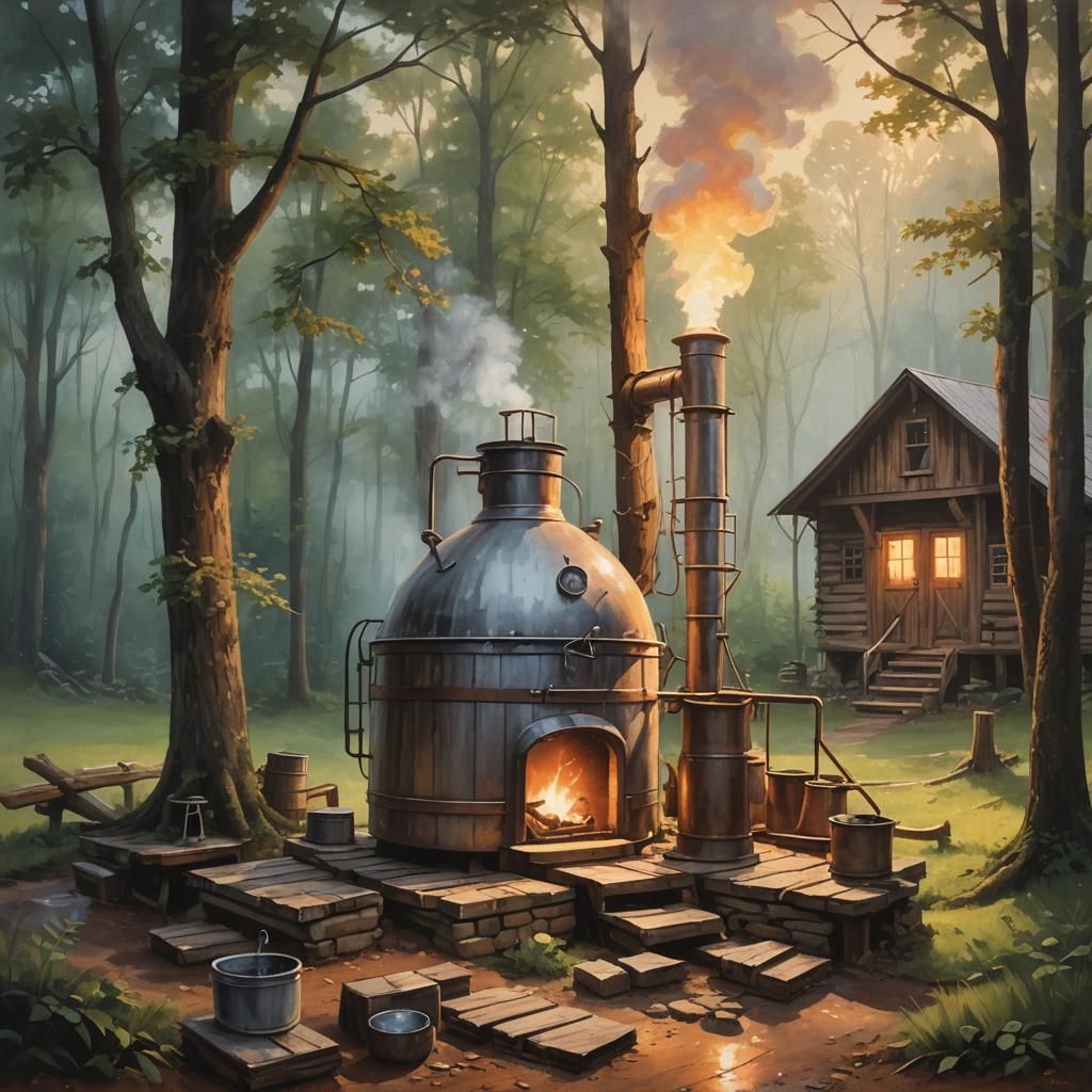 Kentucky Moonshine Still in Rustic Folk Art Style