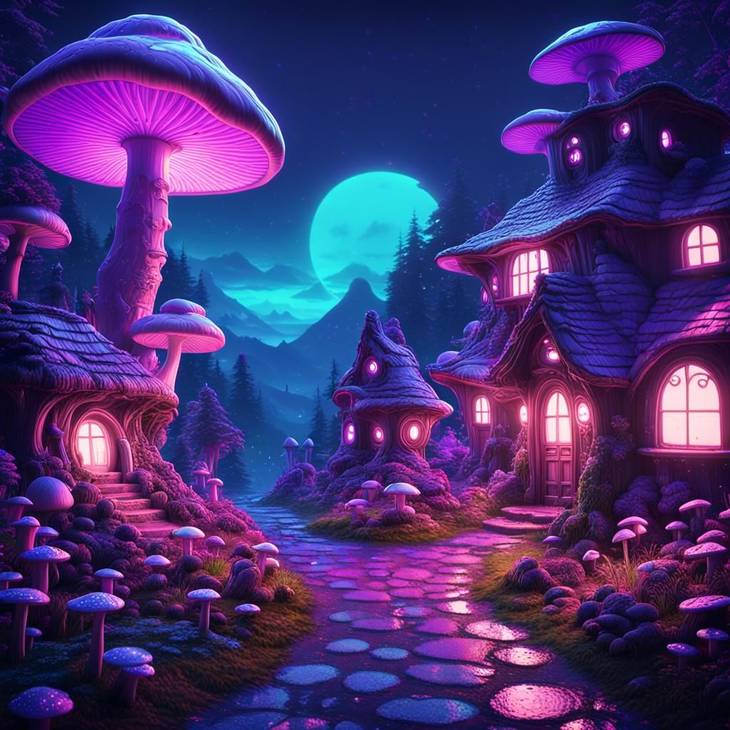 Mushroom Village Street: A Dark Vaporwave Fantasy