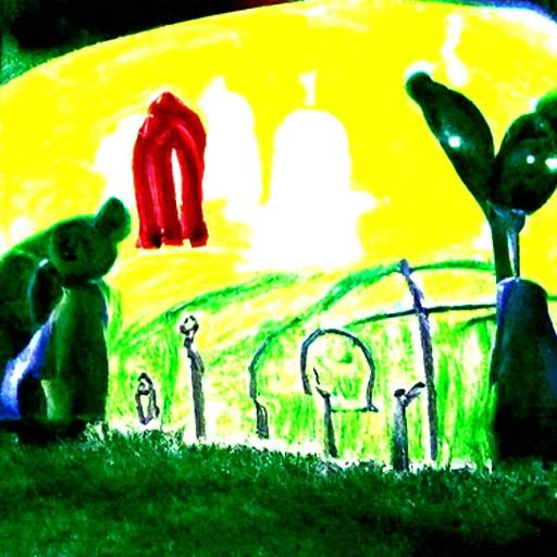 Teletubbies in Cemetery: Hyperrealistic Charcoal Drawing