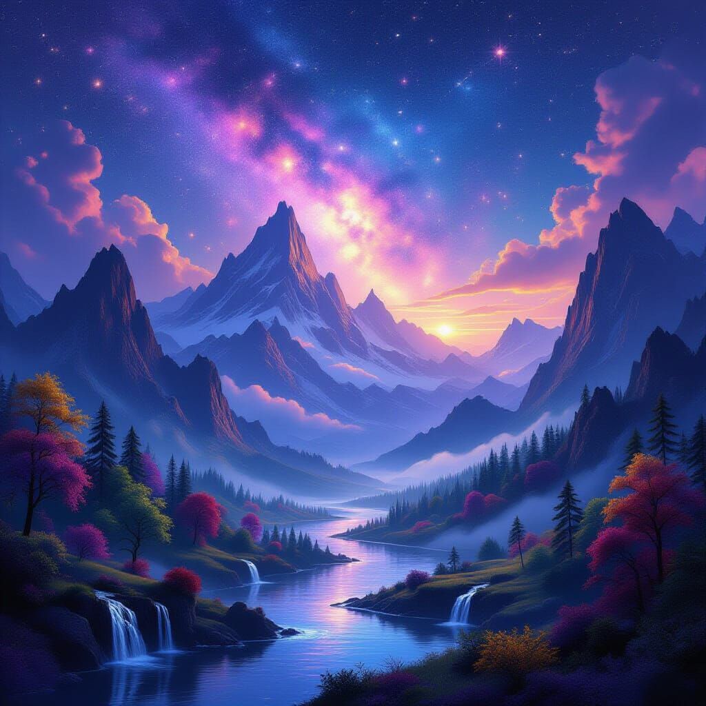 Cosmic Fantasy Landscape with Jagged Mountains