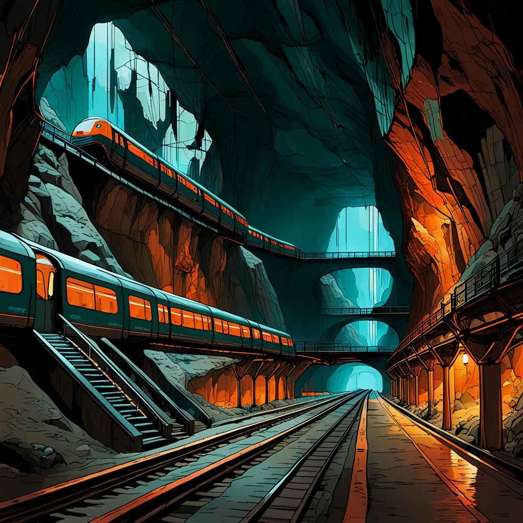 High-Tech Monorail in Dark Industrial Cave, Digital Art