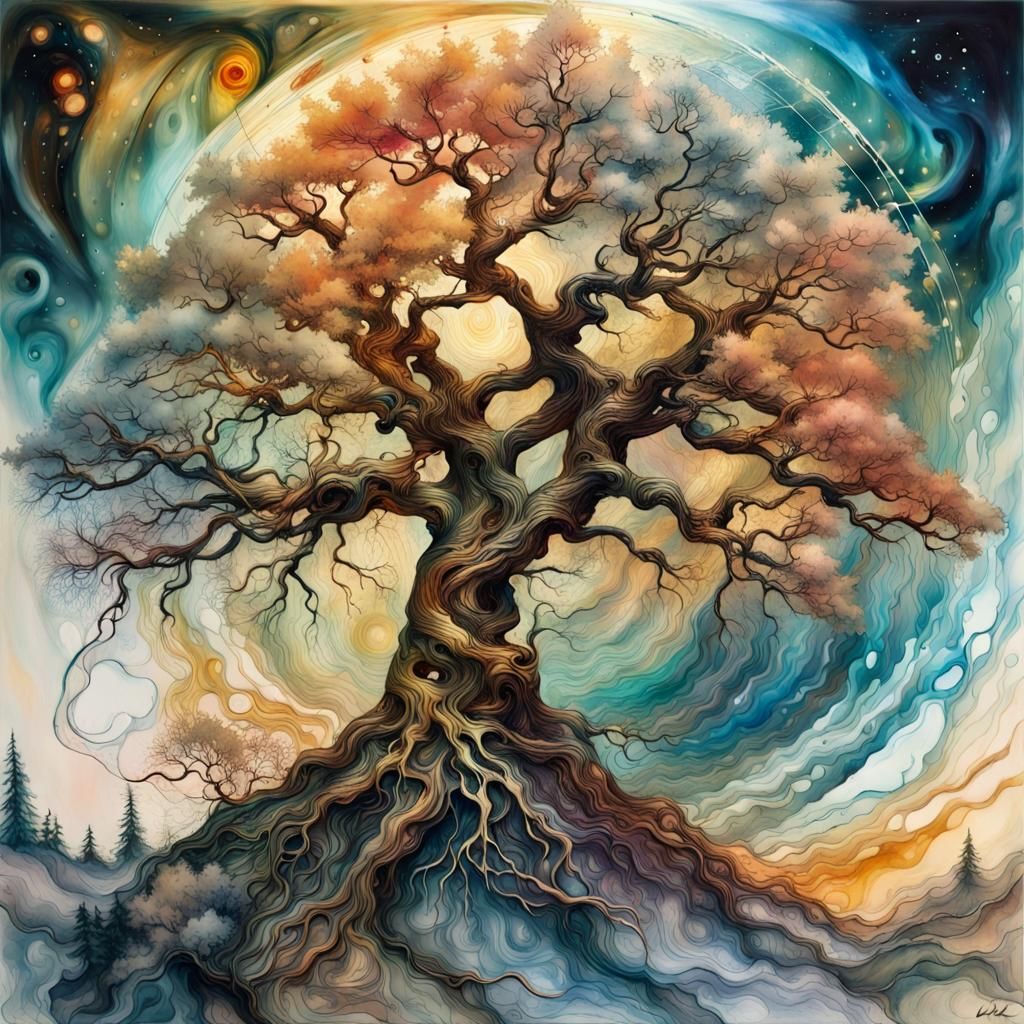 Encaustic Tree of Life in Cosmic Twilight