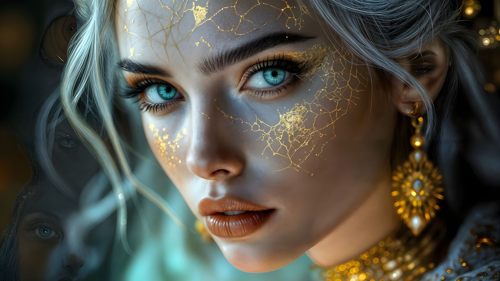 Ethereal Supermodel Portrait in Golden Kintsugi Style