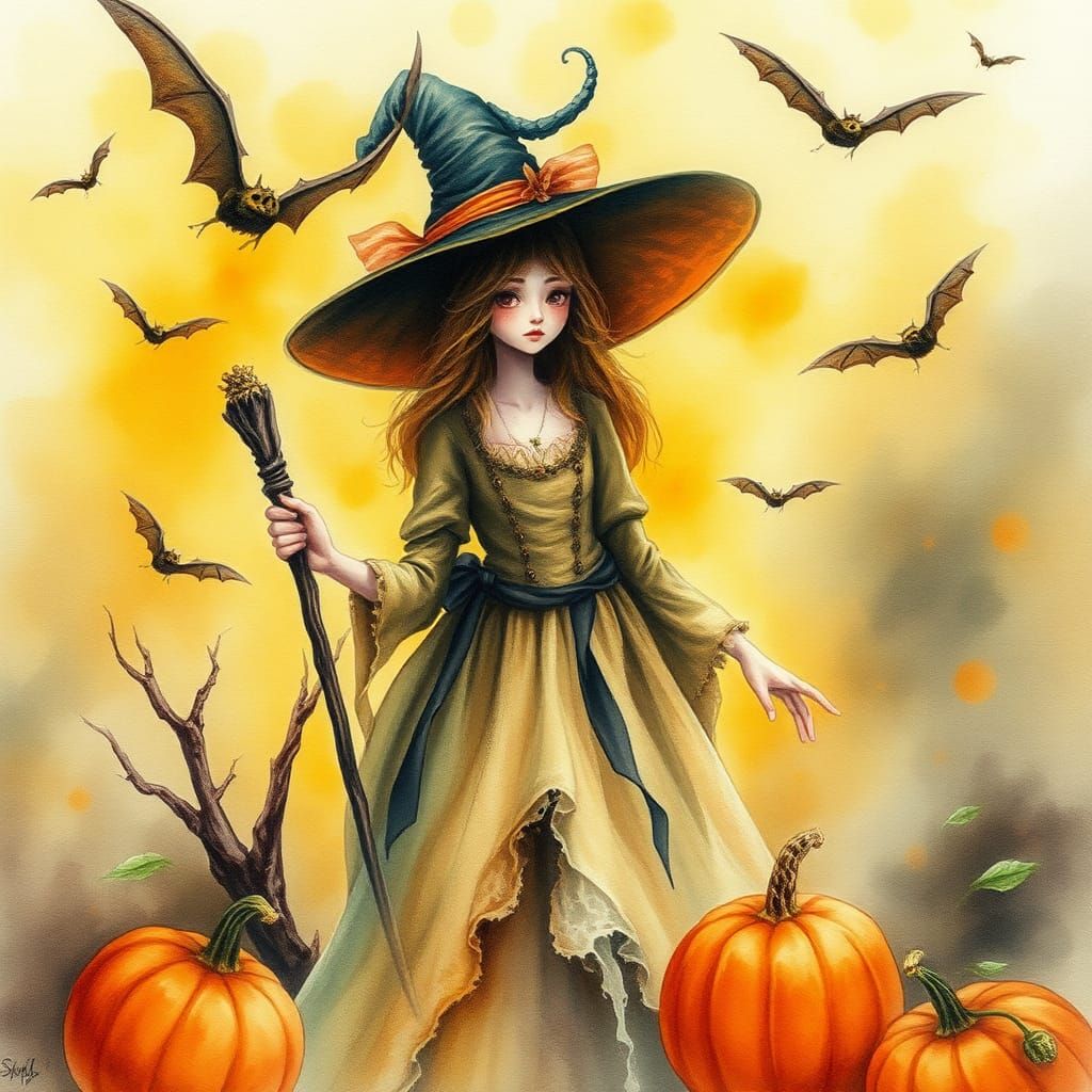 Watercolor Witch with Bats and Pumpkins Fantasy Art