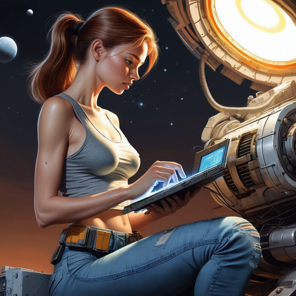 Pretty Space Engineer Works on a Mysterious Generator in a L...