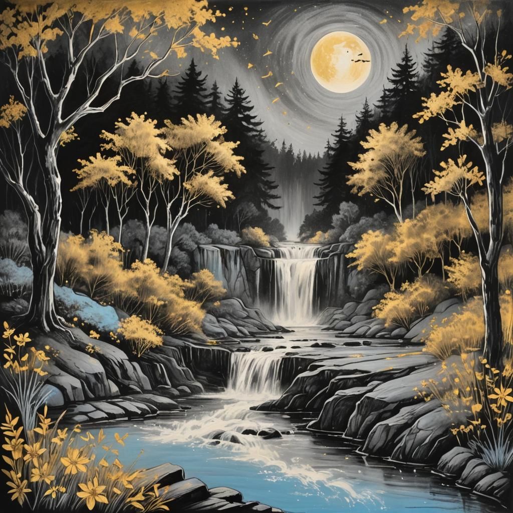 Gentle Waterfall Landscape Painting with Golden Flowers