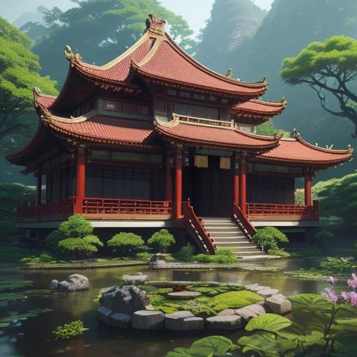 Majestic Traditional Chinese Architecture in Vibrant Fantasy...