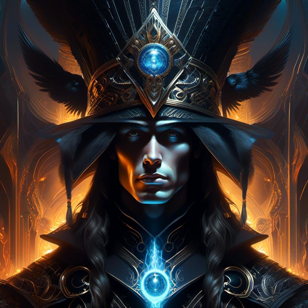 Double exposure Portrait of "Powerful warlock wizard” hyperdetailed painting by Android Jones and Mario Nevado, oil on c...