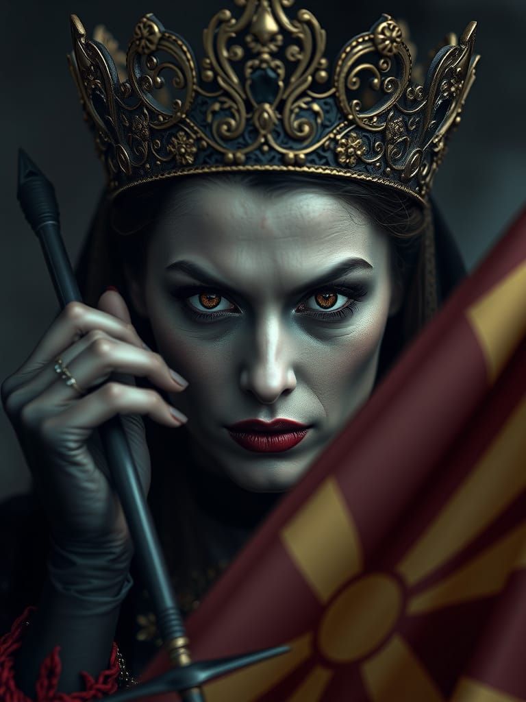 Dark Vampire Queen Waving Macedonian Flag Portrait