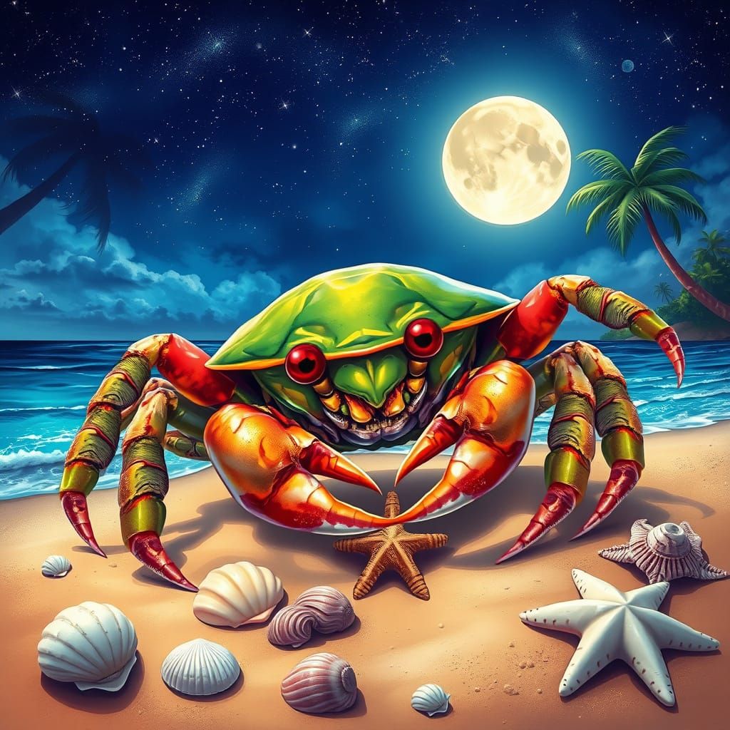 a hermit crab with a colorful shell on a sandy beach.