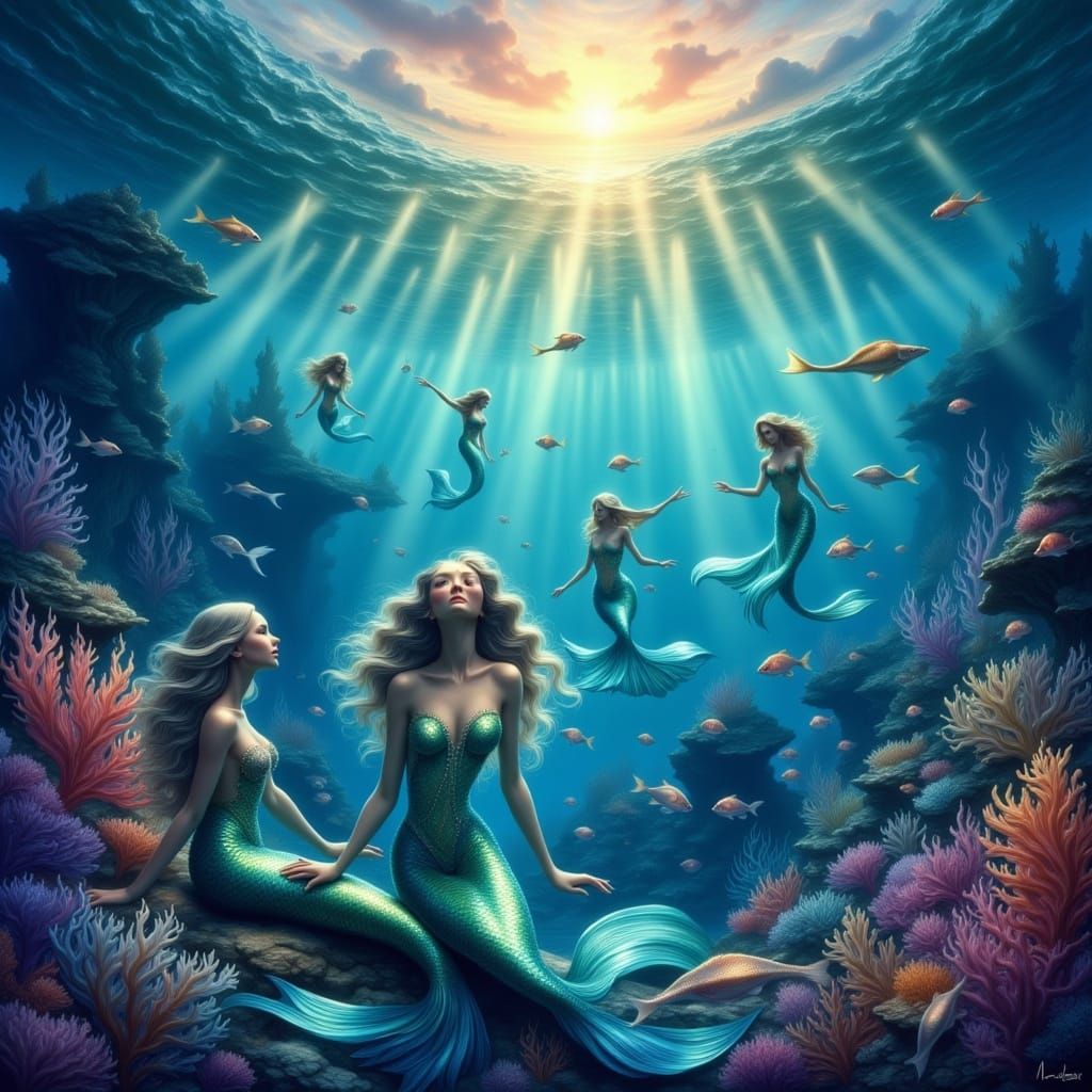 Ethereal Underwater Sunrise with Merfolk Awakening