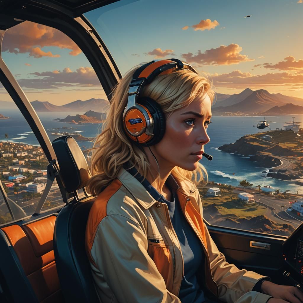 Woman in Helicopter, Tenerife Island, Golden Hour