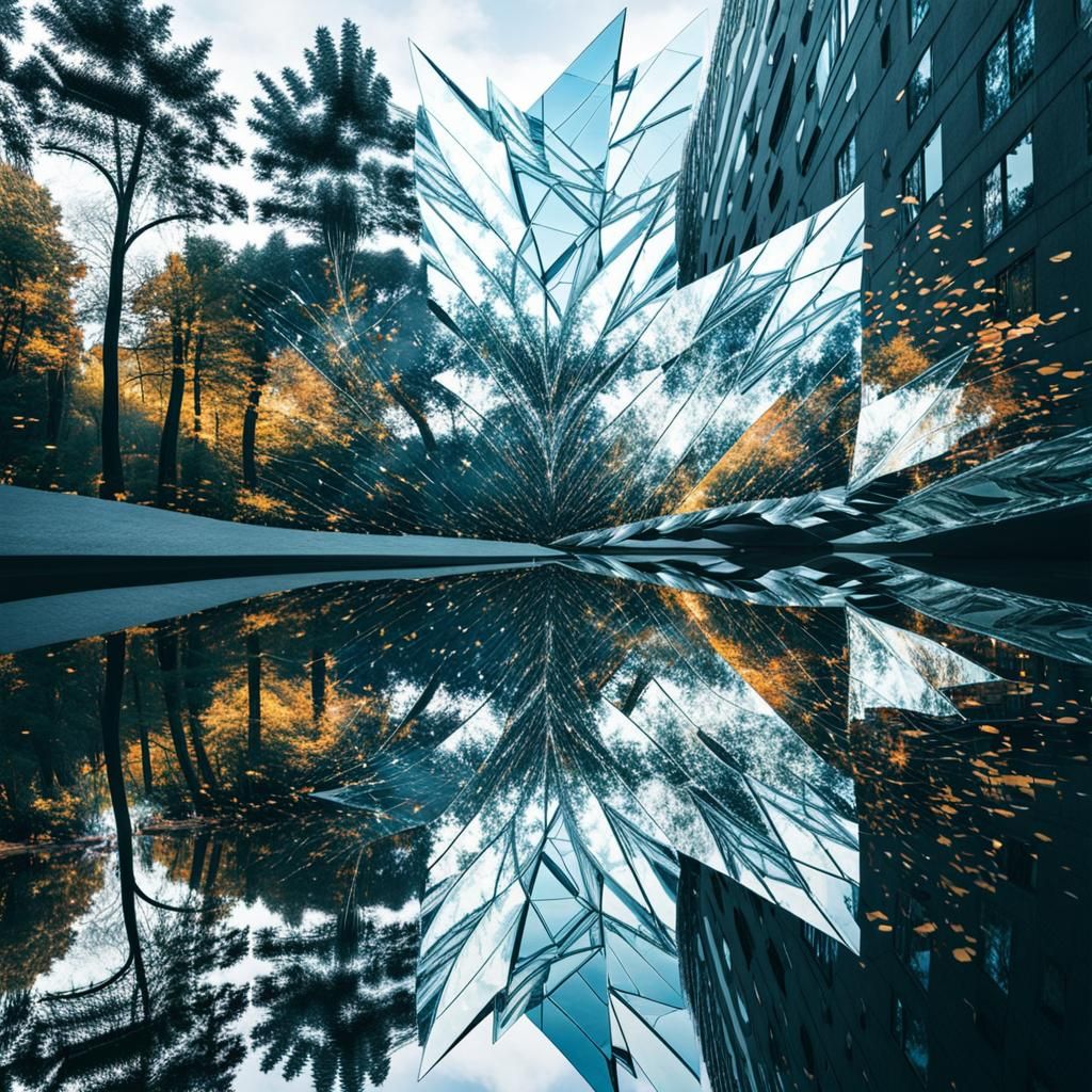 Paint a picture of a shattered mirror reflecting multiple realities., image overlay, double exposure