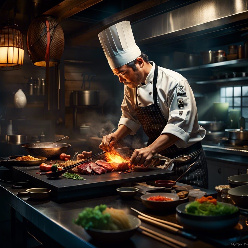 Detailed Teppanyaki Chef in Vivid Photograph