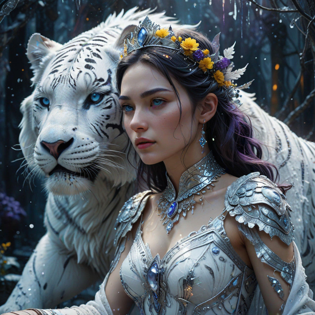 Ethereal Queen on Majestic Tiger Throne in Winter Wonderland