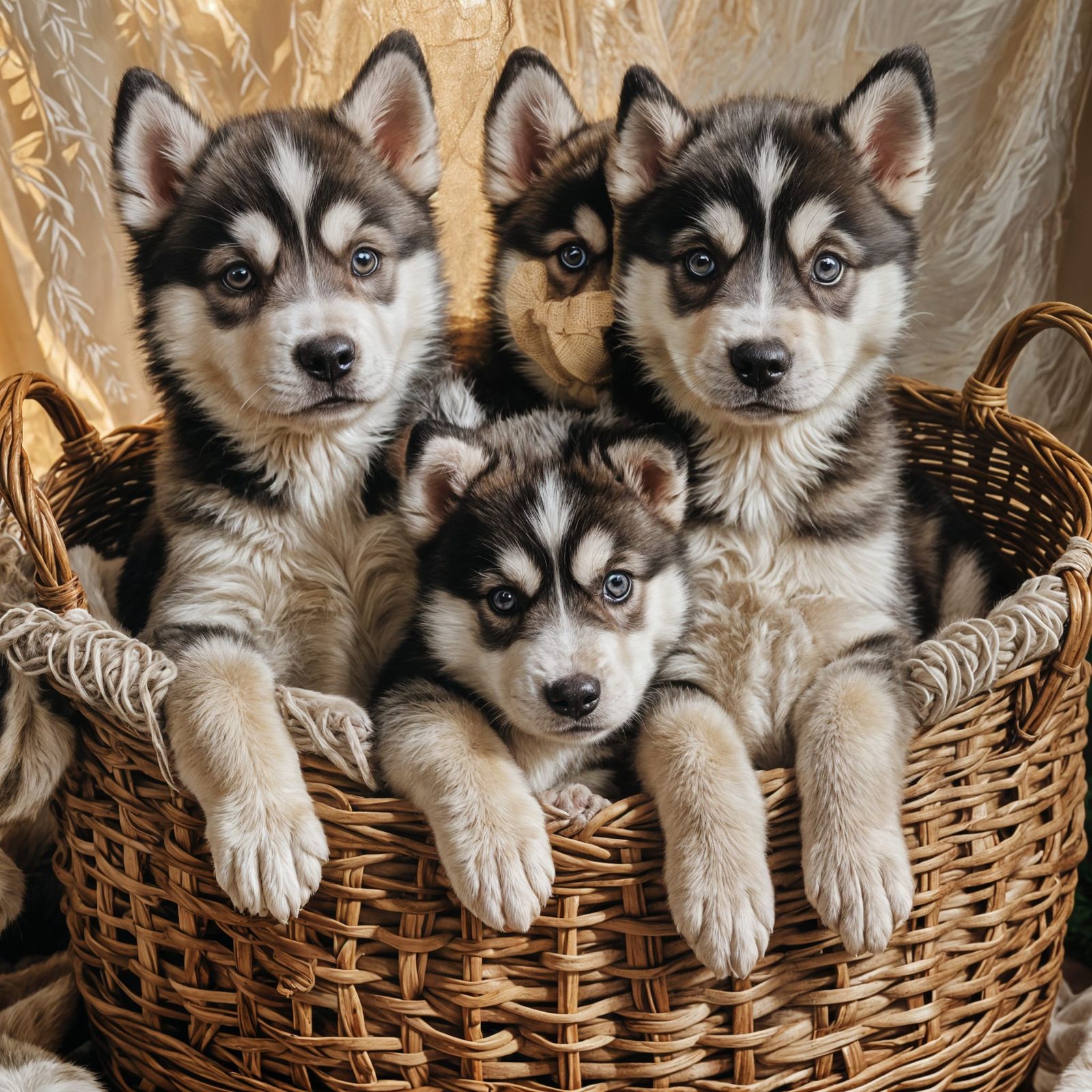 Husky Puppies Huddled in Basket