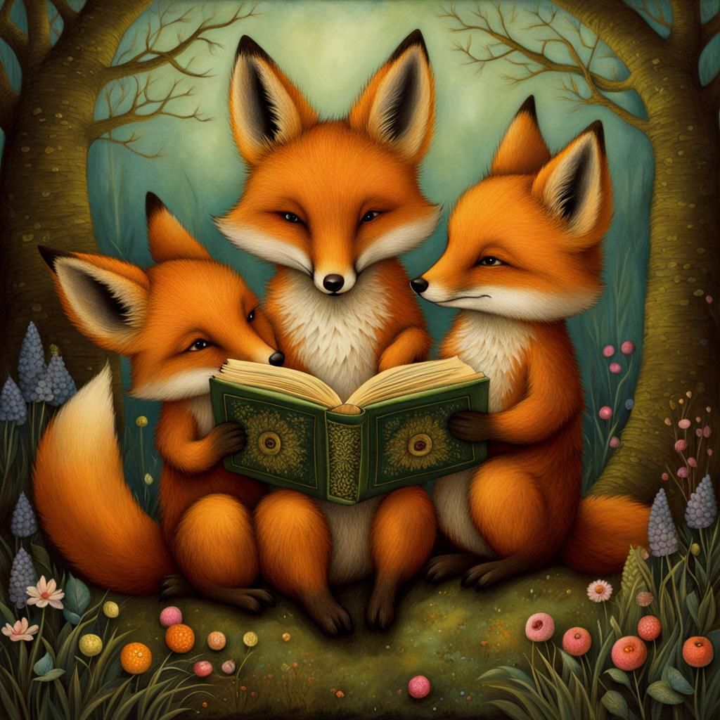 Foxes Reading Book, Storybook Illustration